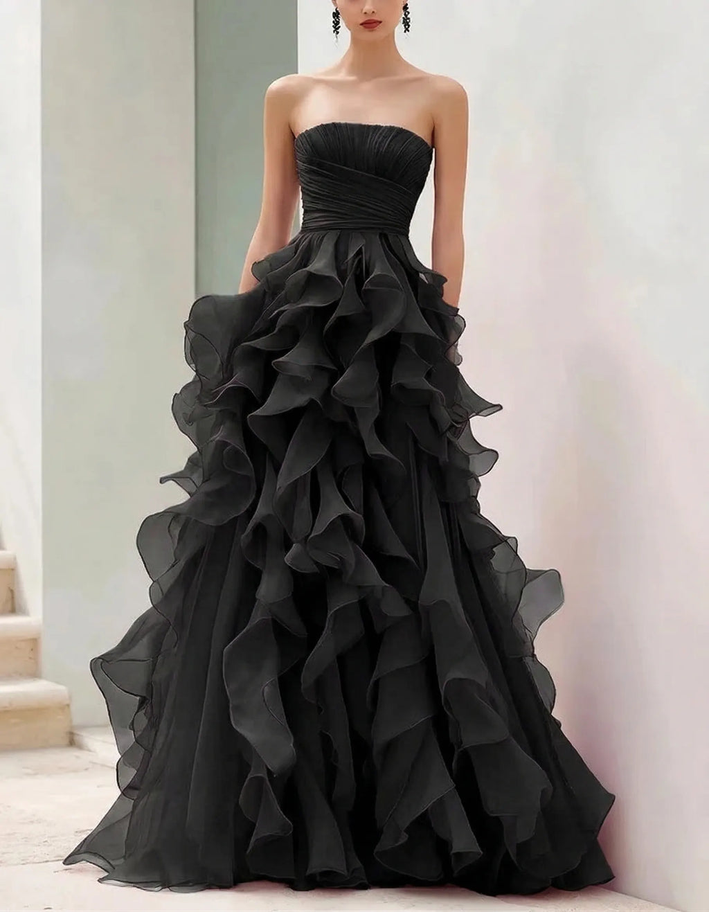 Rose Red Chiffon Strapless Tiered Maxi Dress