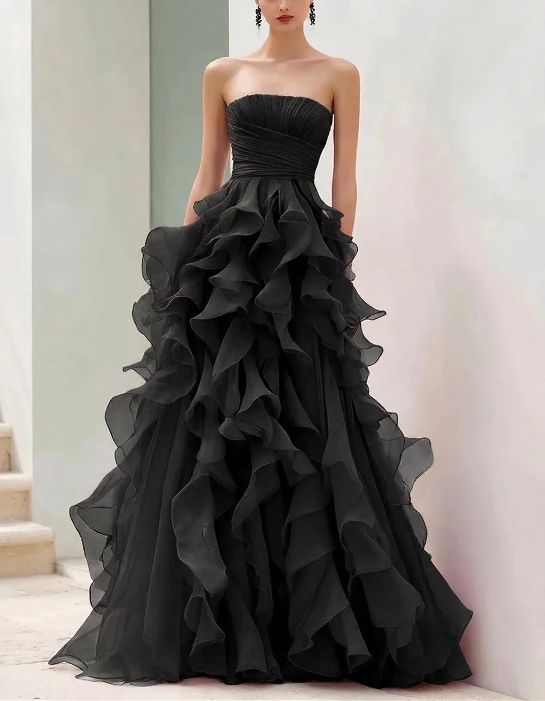 Rose Red Chiffon Strapless Tiered Maxi Dress