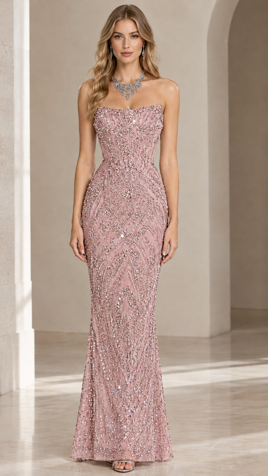 Strapless Beaded Sequin Mermaid Evening Gown