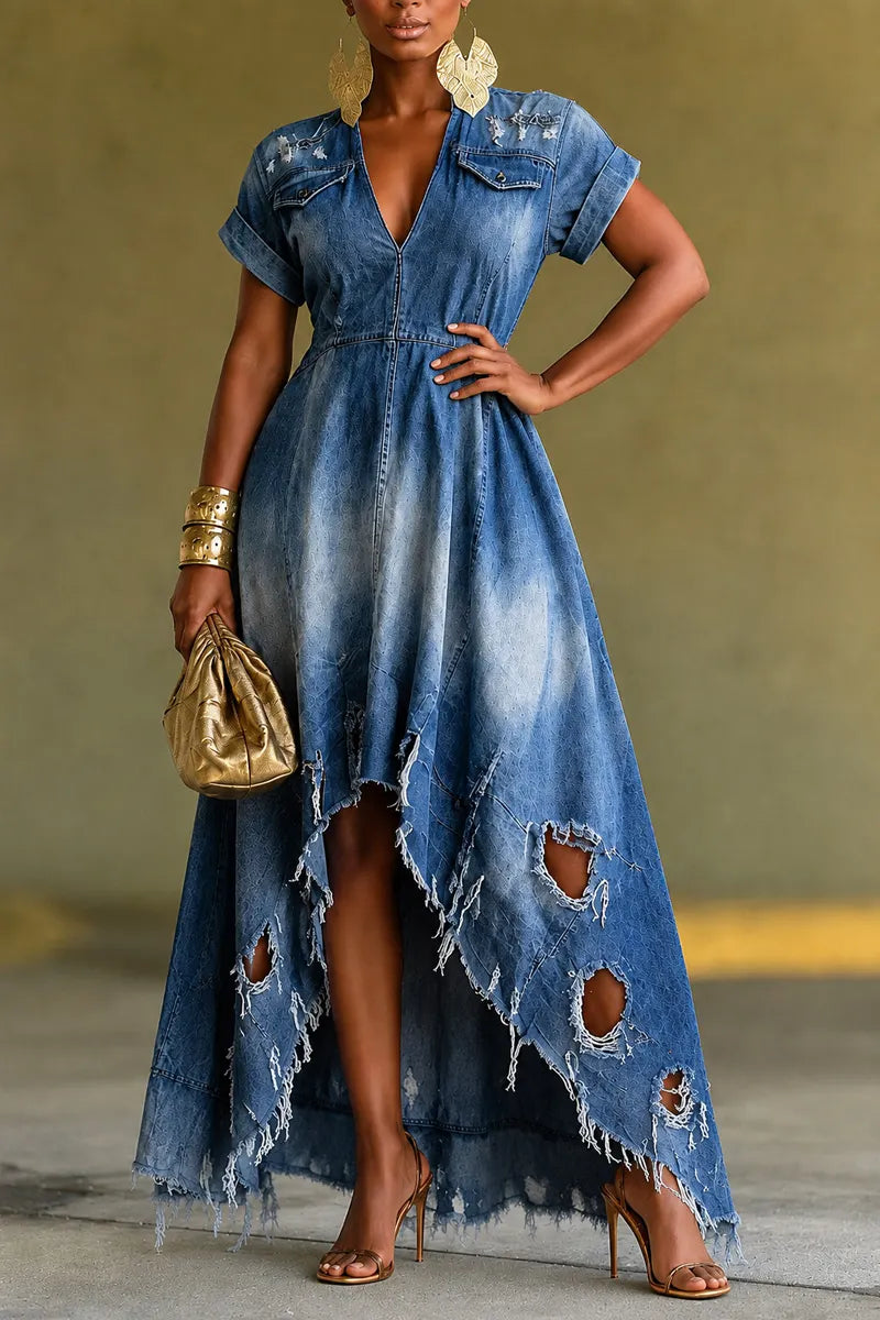 Ladies' Hot Selling Casual Ripped Denim Dress