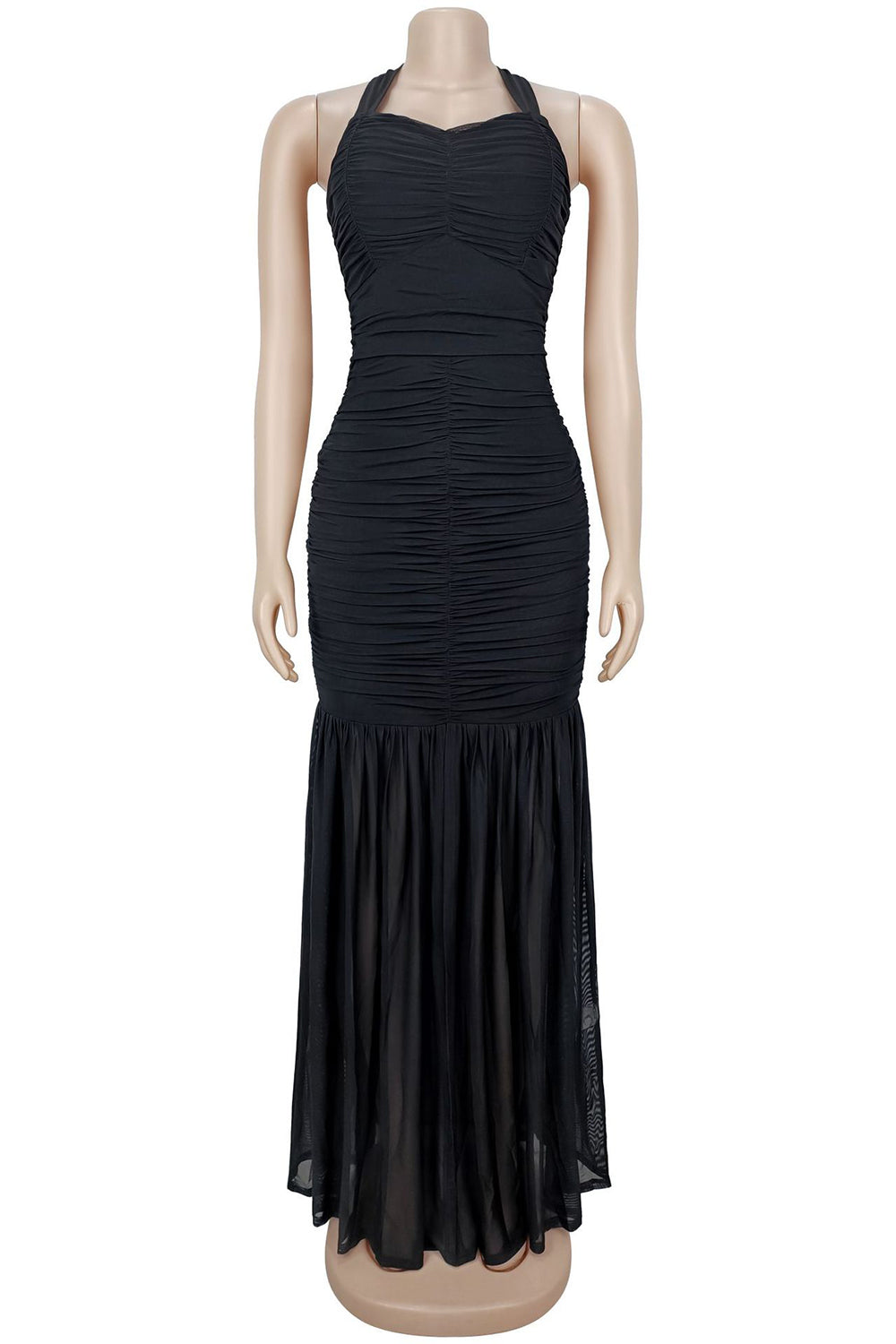 Halter Backless Ruched Solid Color Slit Mesh Hem Gowns Maxi Dresses-Black