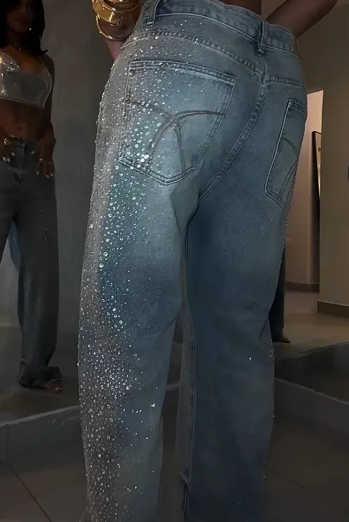 Fashion Rhinestone Washed Wide Leg Jeans
