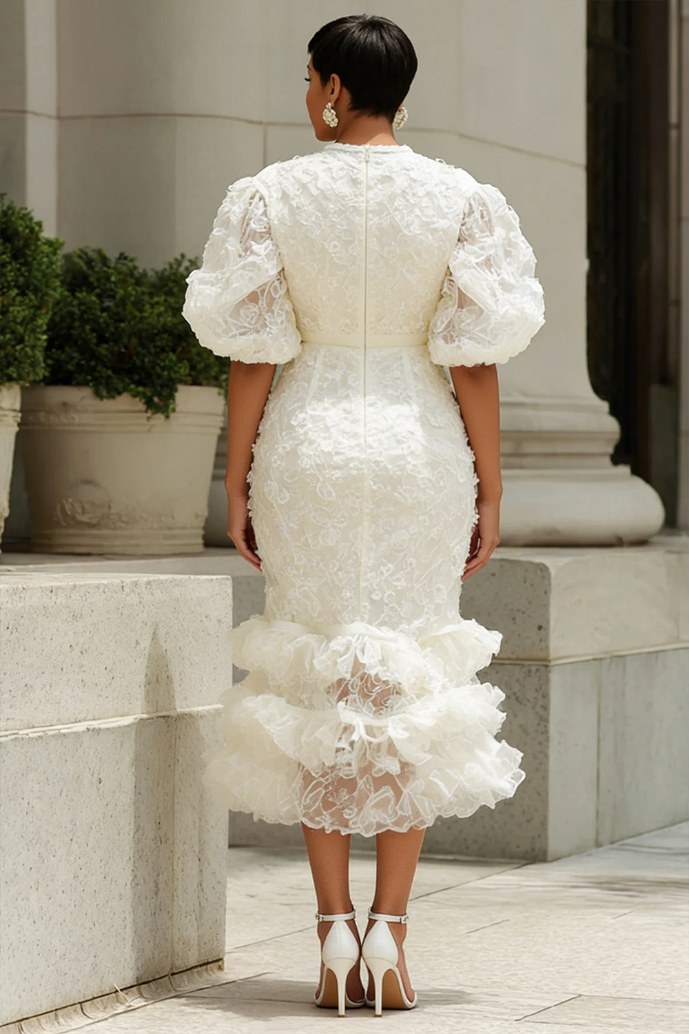 Cocktail Party White Round Neck Puff Sleeve Short Sleeve Ruffle Bodycon Lace Midi Dresses