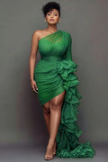Party Green Oblique Collar One Shoulder Long Sleeve See Through Ruffle Mini Dresses