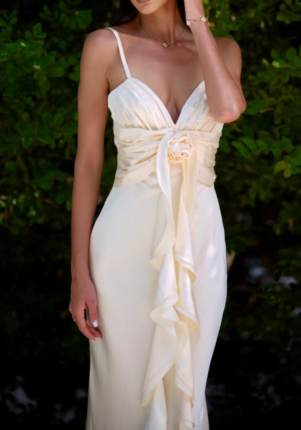 Ivory Satin Ruffled Mermaid Maxi Dress