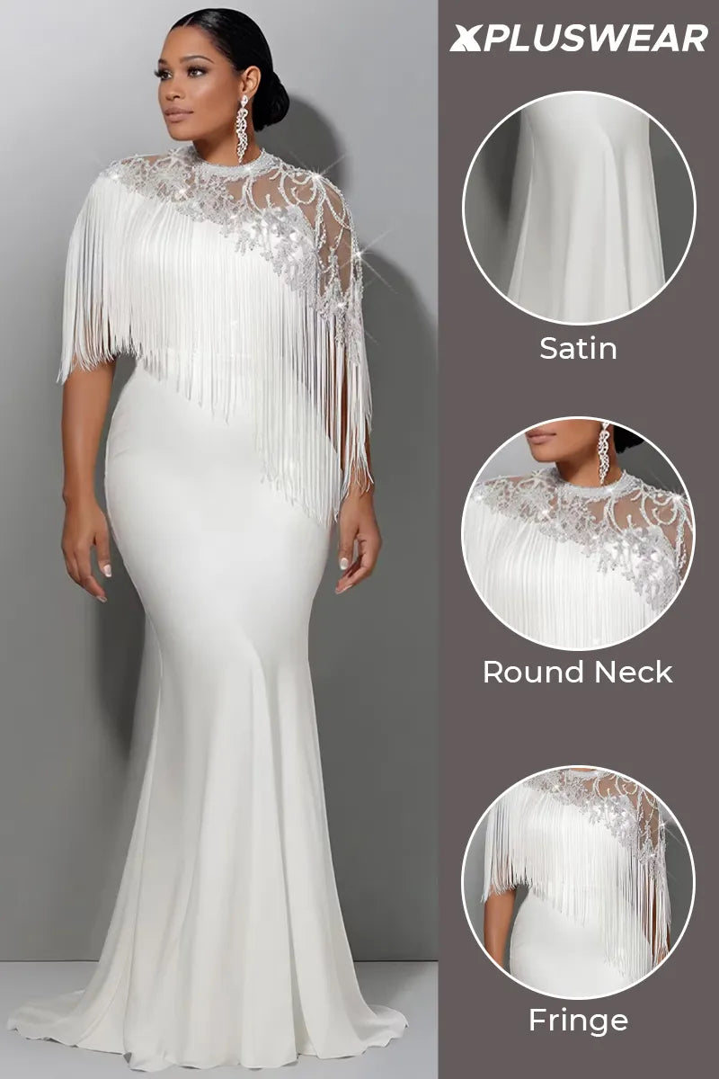 Wedding Sequin White Round Neck Short Sleeve Mermaid Strappy Satin Maxi Dresses