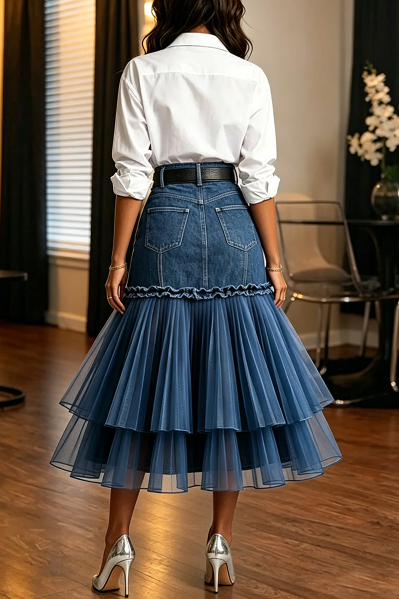 Women's Elegant Double Layer Mesh Hem Fishtail Denim Skirt