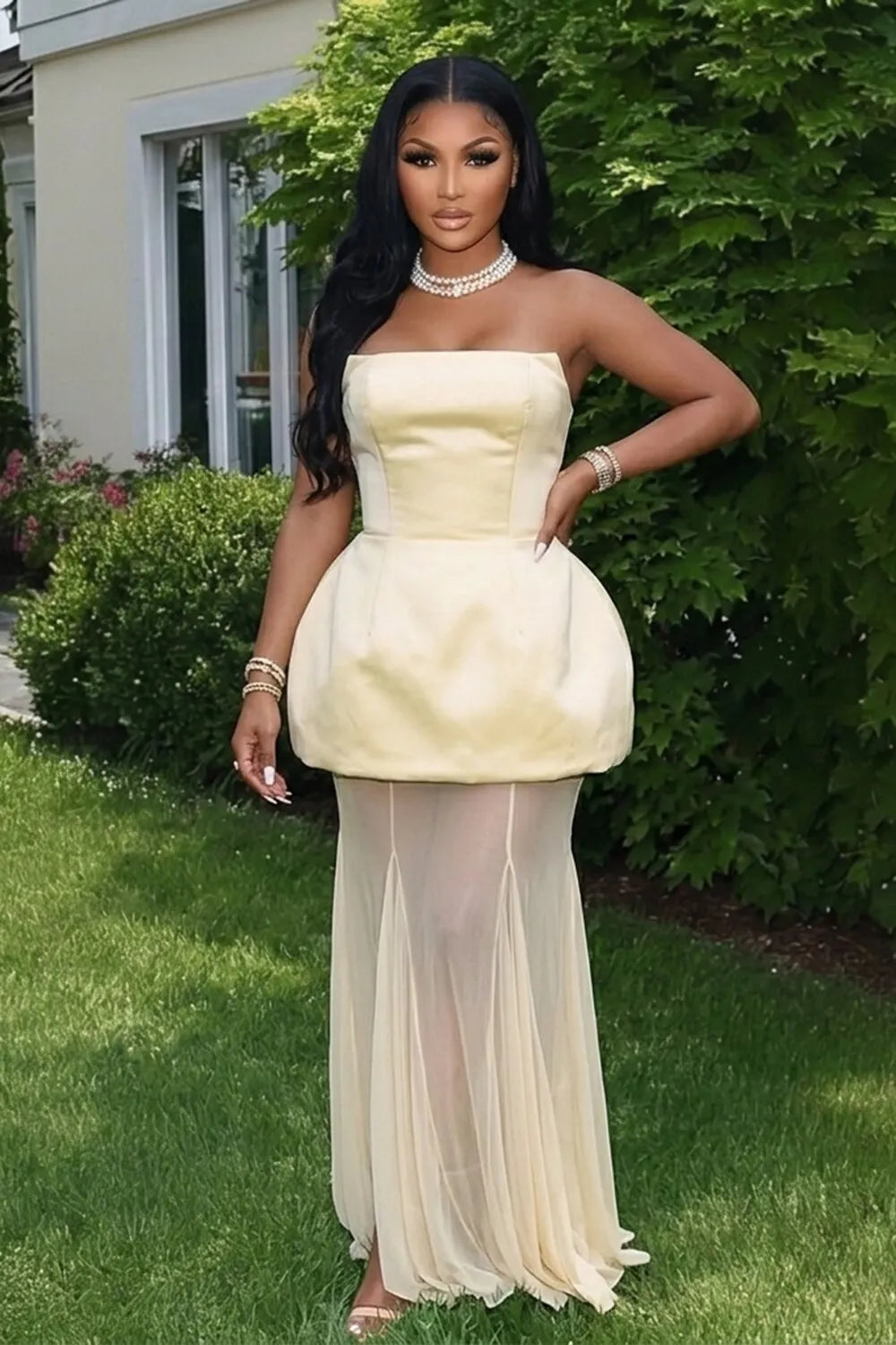 Strapless See Through Mesh Patchwork Gowns Maxi Dresses-Yellow [Pre Order]