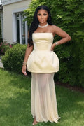 Strapless See Through Mesh Patchwork Gowns Maxi Dresses-Yellow [Pre Order]