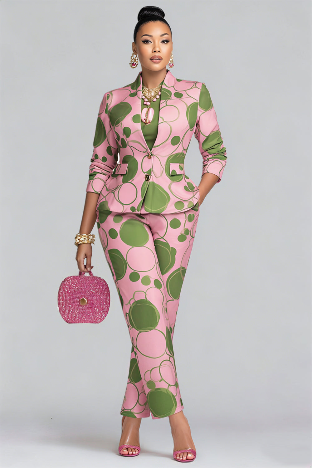 Business Casual Pink Polka Dot 3/4 Sleeve Pocket Satin Two Piece Pant Sets