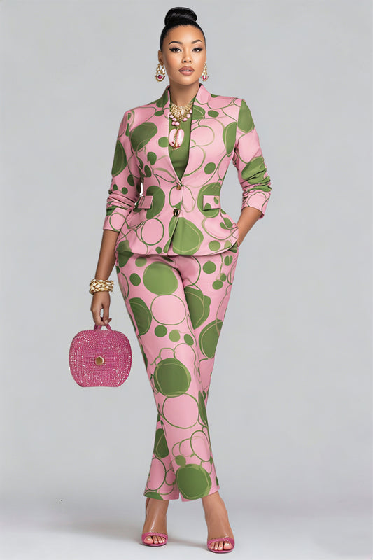 Business Casual Pink Polka Dot 3/4 Sleeve Pocket Satin Two Piece Pant Sets