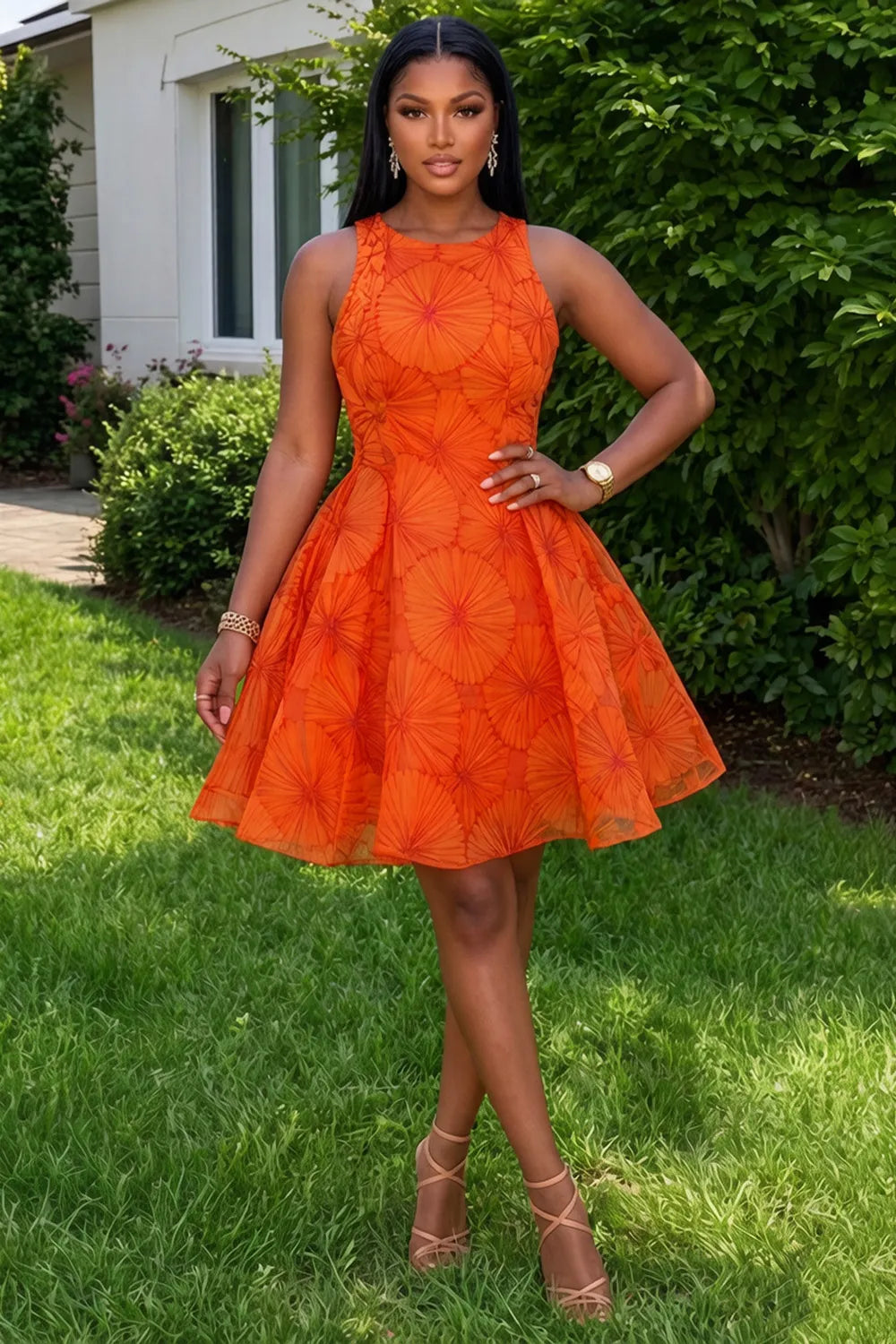 Round Neck Sleeveless Printed A-Line Vacation Mini Dresses-Orange [Pre Order]