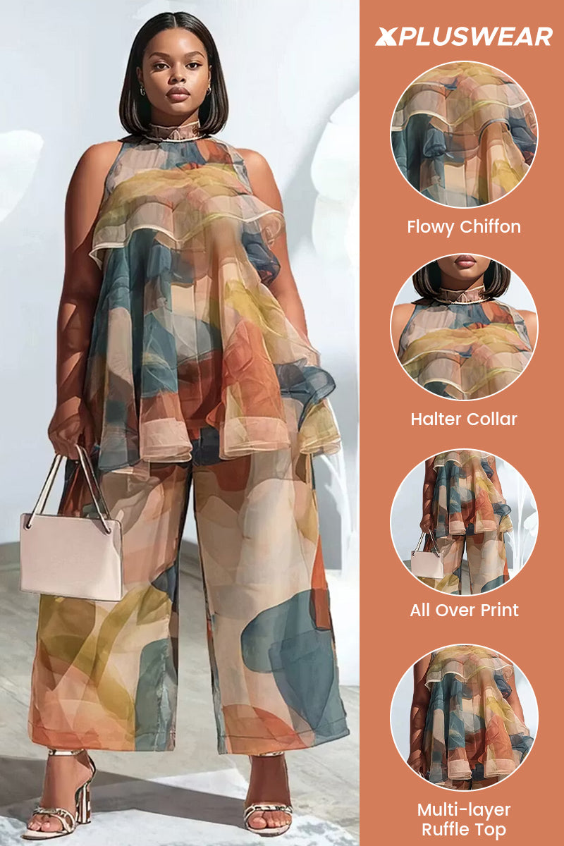 Vacation Elegant Multicolor All Over Print Halter Collar Ruffle Pocket Chiffon Two Piece Pant Sets