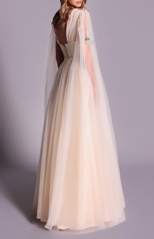 Nude Tulle Plunge Neck Gown with Floral Embroidery & Cape Sleeves