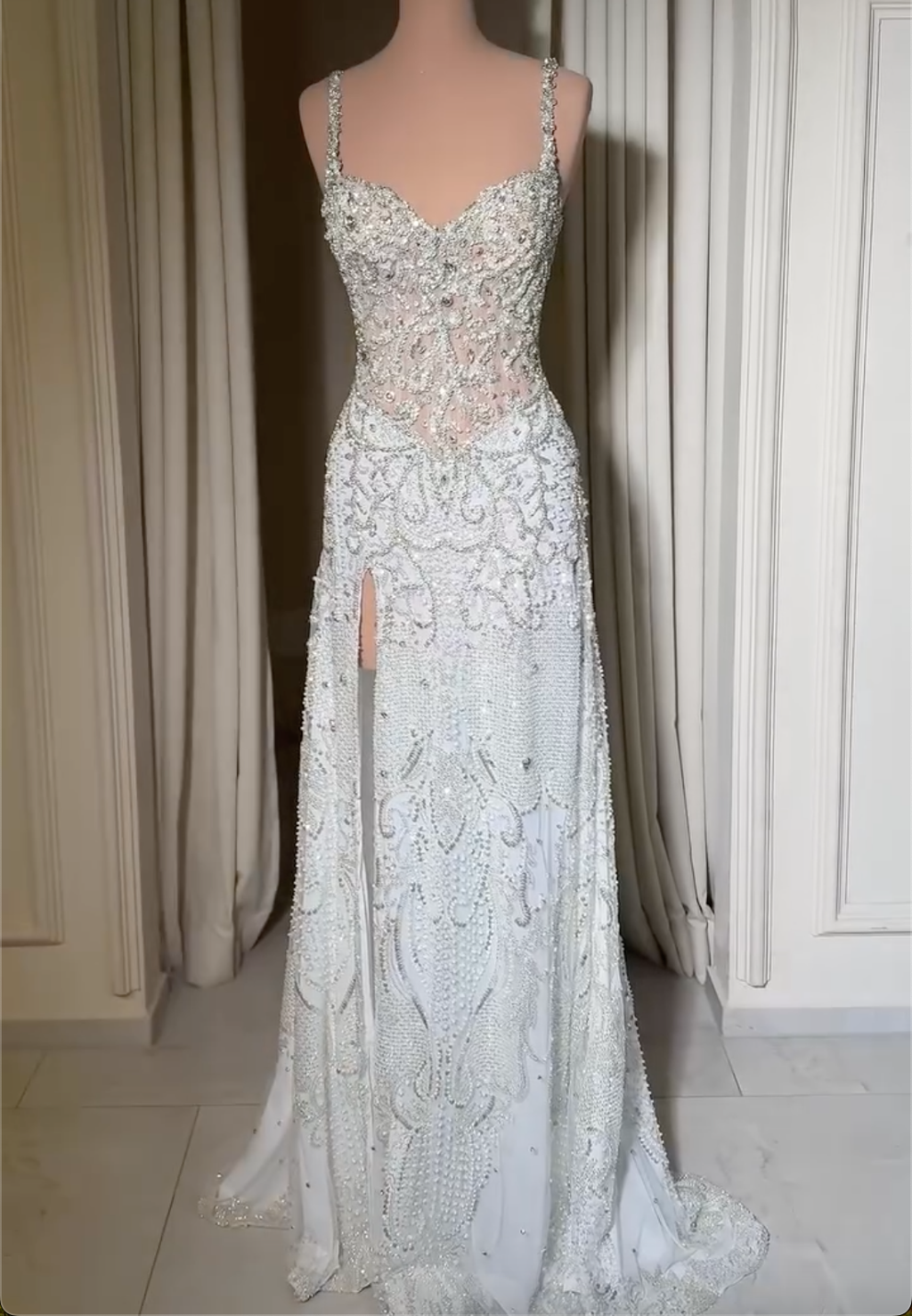 White Crystal Beaded Spaghetti Strap Mermaid Maxi Evening Dress, Sweetheart Neck Formal Prom Gown with High Slit