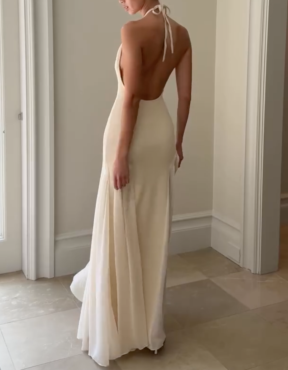 White Halter Neck Maxi Dress with Open Back & Flowy Chiffon Panels