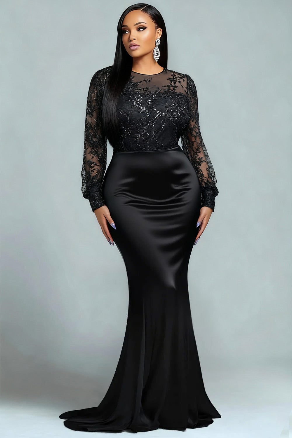 Sequin Black Round Neck Puff Sleeve Long Sleeve Mermaid Elegant See Through Satin Maxi Dresses