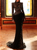 High Neck Floral Sequin Draped Maxi Dress