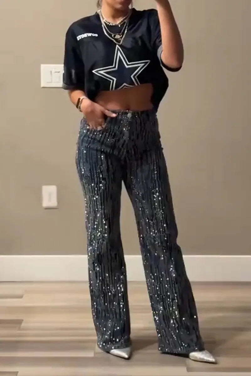 Women's Irregular Striped Crystal Stretch Jeans