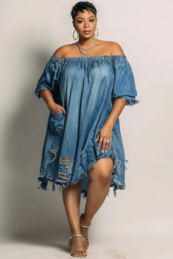 Xpluswear Design Plus Size Party Blue Off The Shoulder Short Sleeve Pocket Ripped Denim Mini Dresses