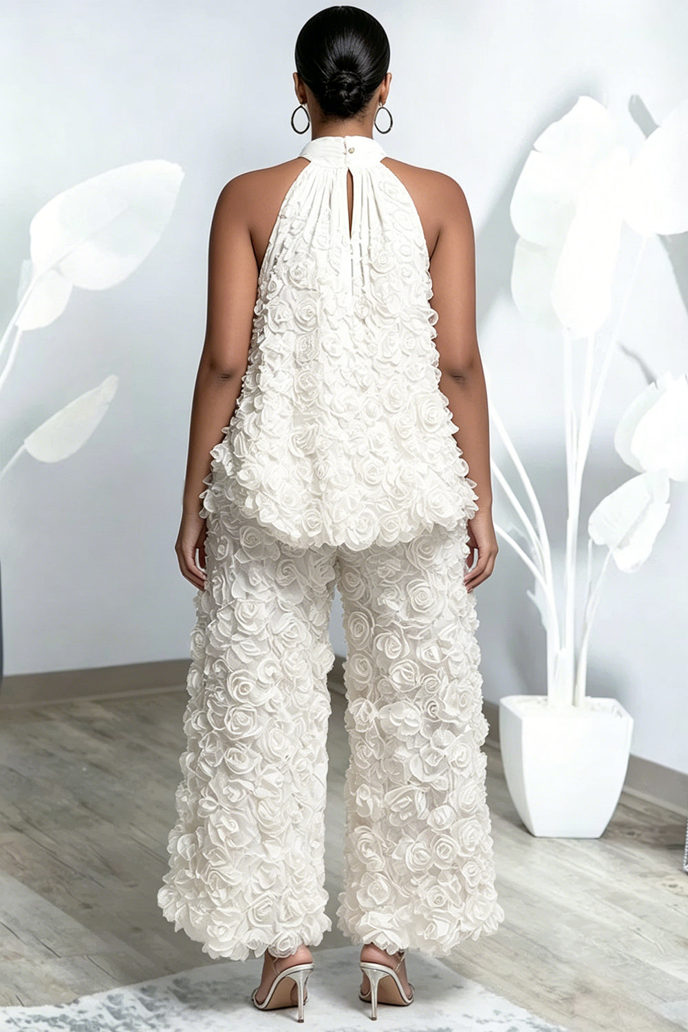 Cocktail Party White Halter Collar 3D Pocket Tulle Two Piece Pant Sets