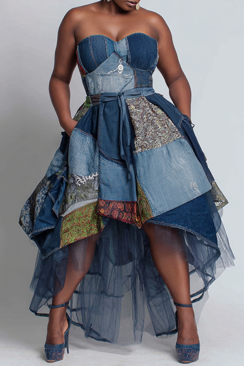 Party Blue All Over Print Pocket High Low Hem Tulle Midi Dresses