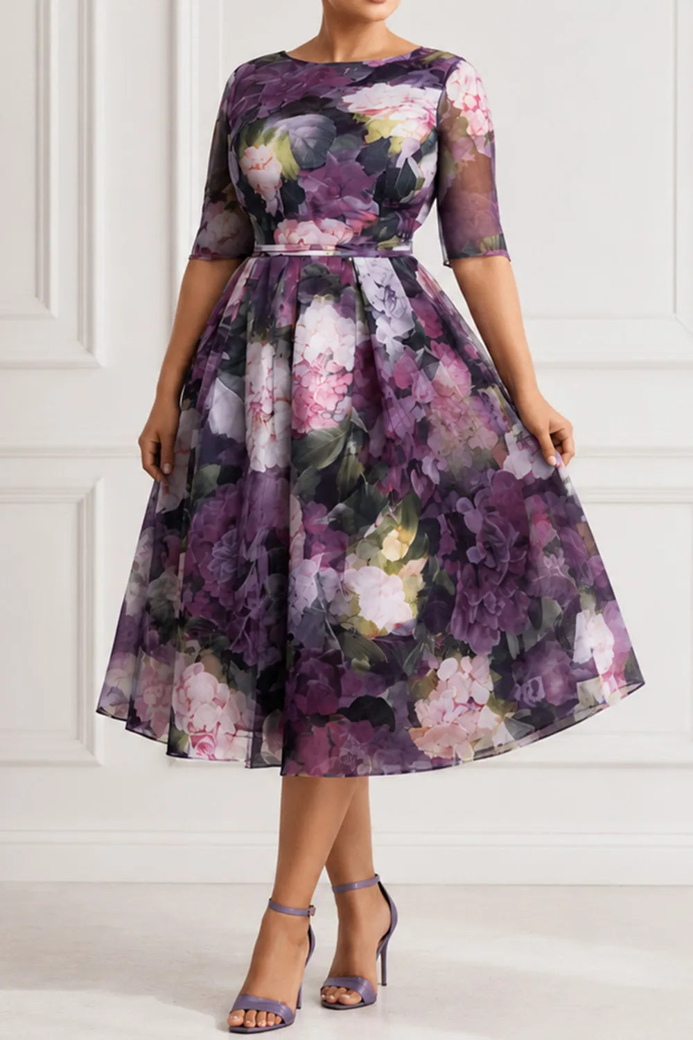 Wedding Guest Purple Floral Round Neck Short Sleeve Chiffon Midi Dresses [Pre-Order]
