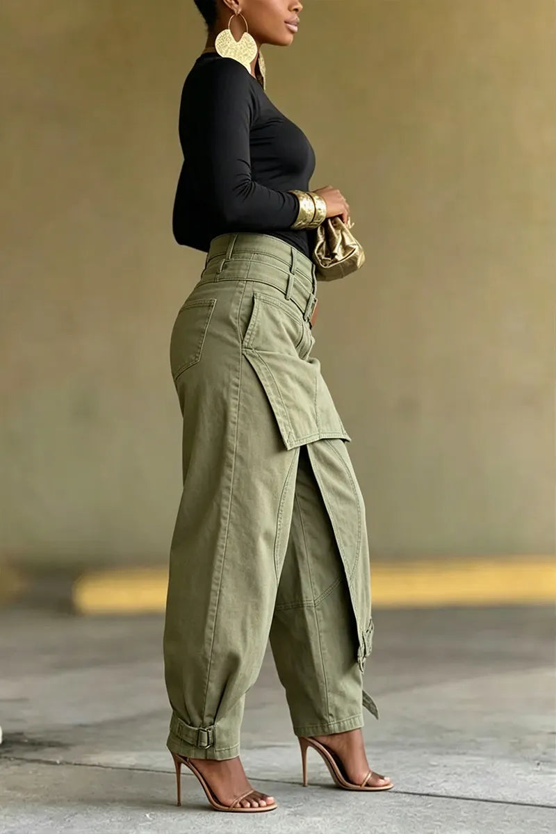Women's Asymmetrical Utility Pants with Patchwork & Adjustable Ankle Straps