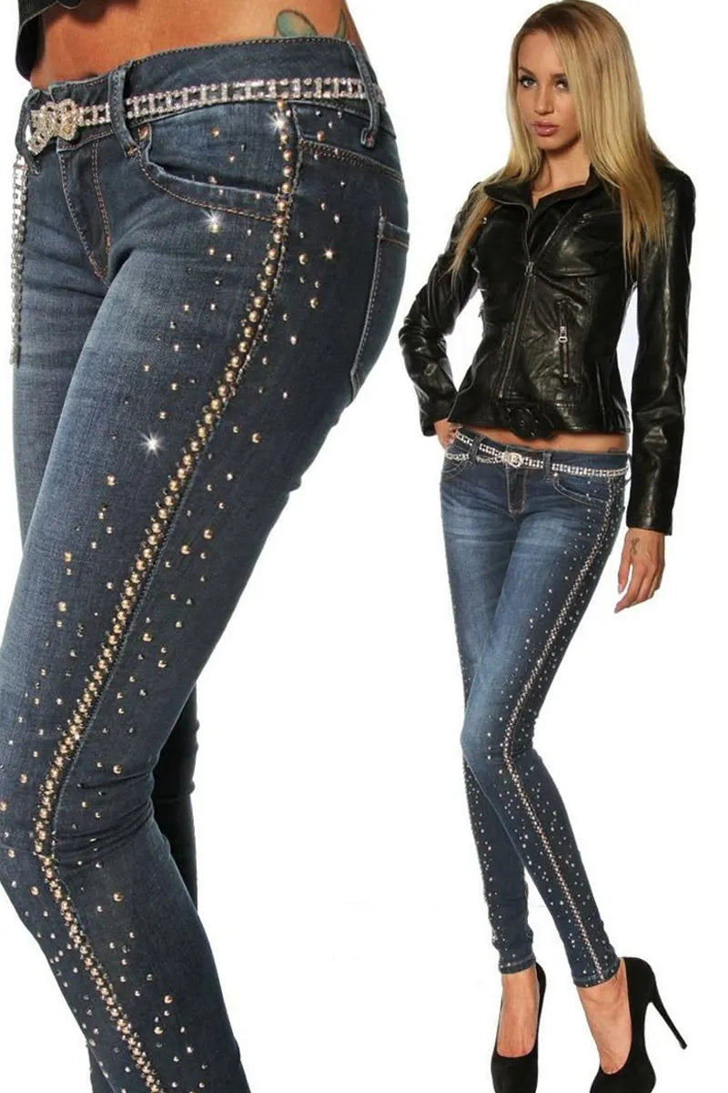 Women High Waist Side Full Rhinestone Studded Skinny Ankle Jeans