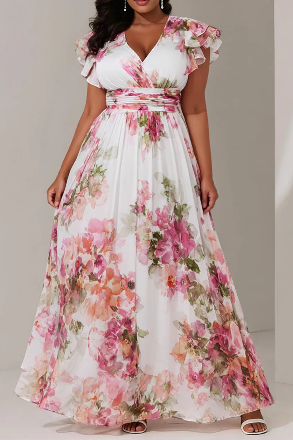 Vacation Pink Floral V Neck Flutter Sleeve Short Sleeve Ruffle Chiffon Maxi Dresses