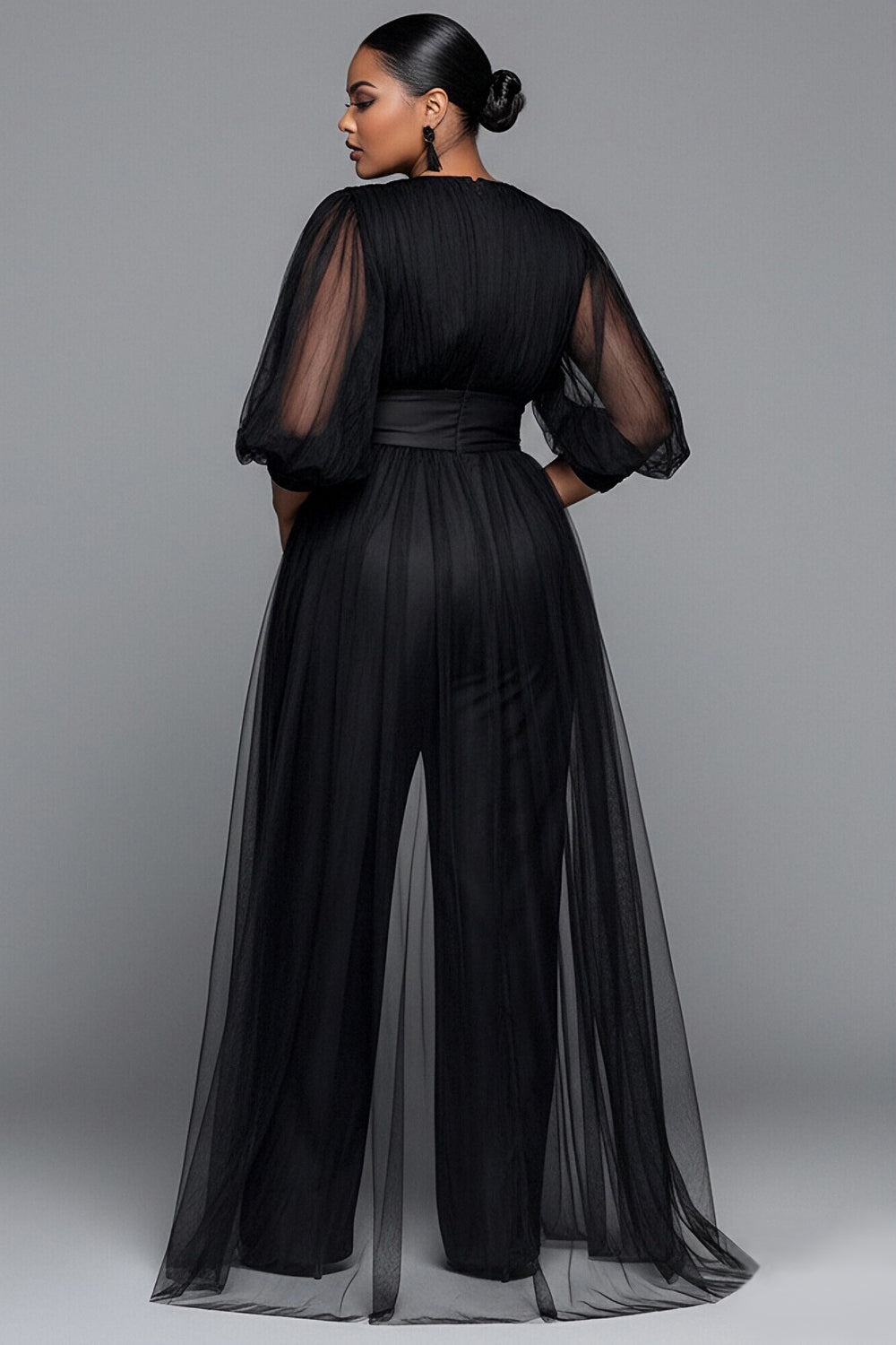 Tulle Black V Neck Lantern Sleeve 3/4 Sleeve With Skirt Overlay See Through Satin Jumpsuits