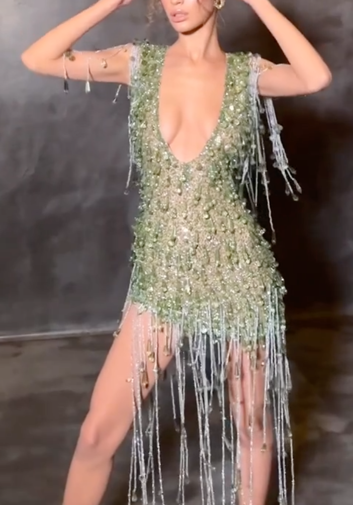 Green Beaded Mini Dress with Deep V-Neck & Fringe Trim