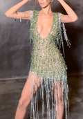 Green Beaded Mini Dress with Deep V-Neck & Fringe Trim