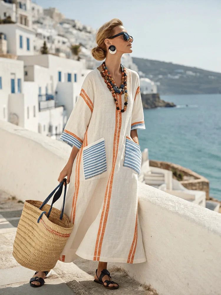 Resort Stripe V-Neck Kaftan Maxi Dress