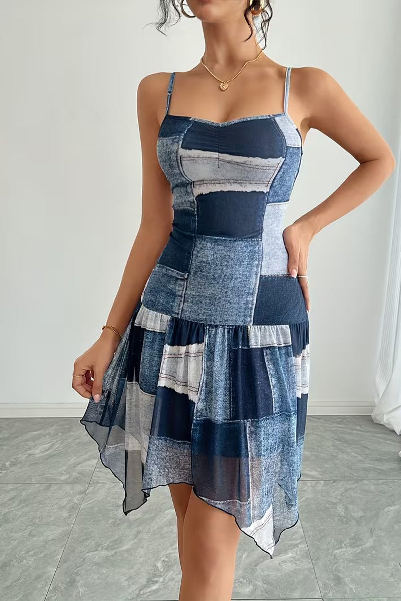 Women's Suspender Waist Cinching Patch Casual Denim Midi Dresses
