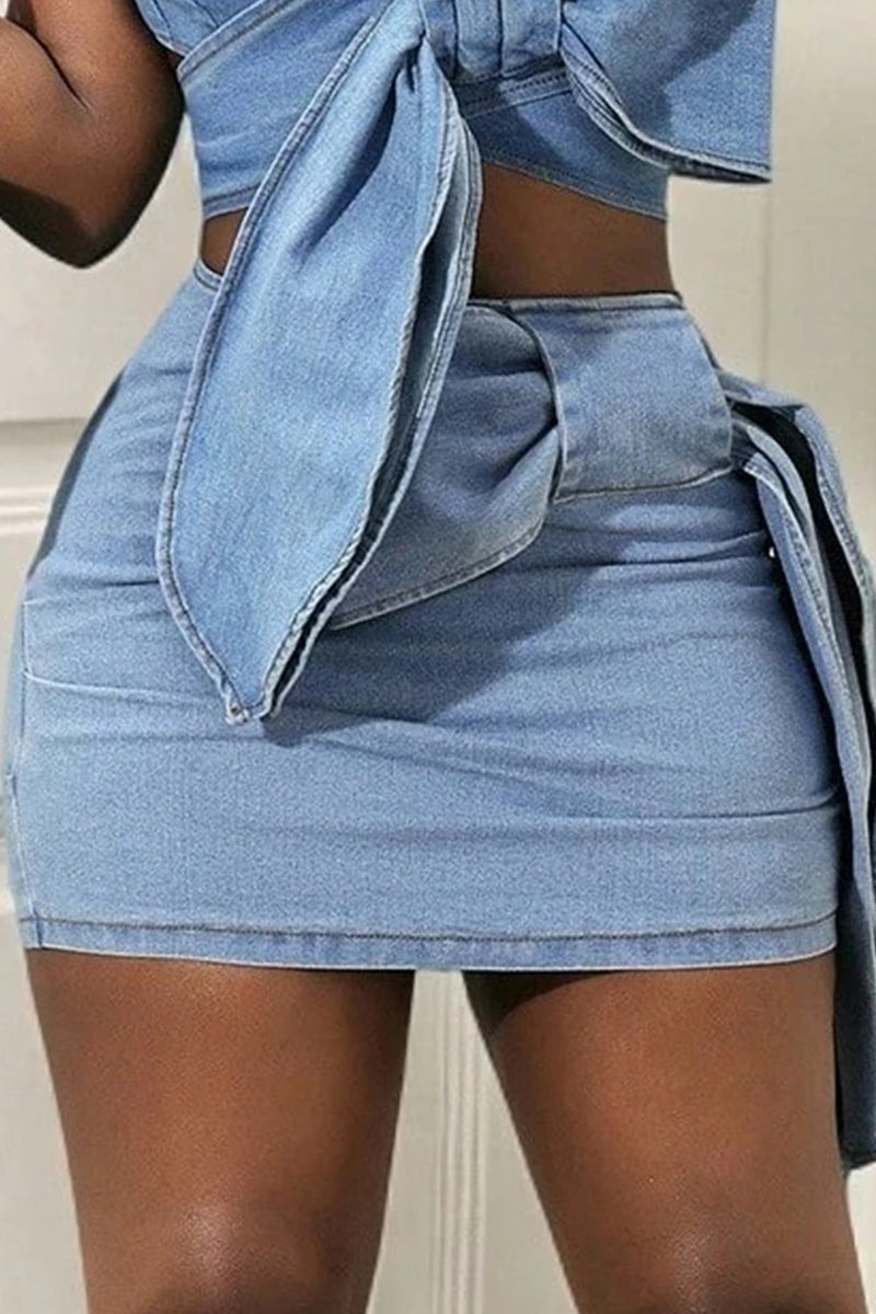 Women's Sexy Bow Accent Denim Cami Top & Sexy Denim Mini Skirt