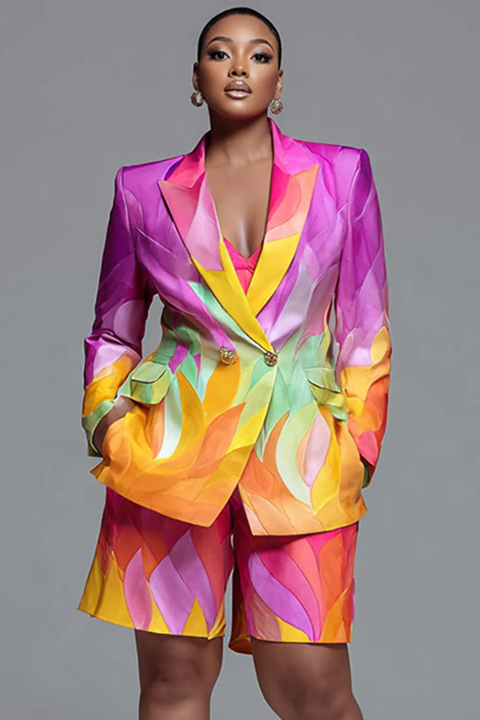 Party Multicolor Graphic Lapel Collar Long Sleeve Pocket Satin Two Piece Short Suits