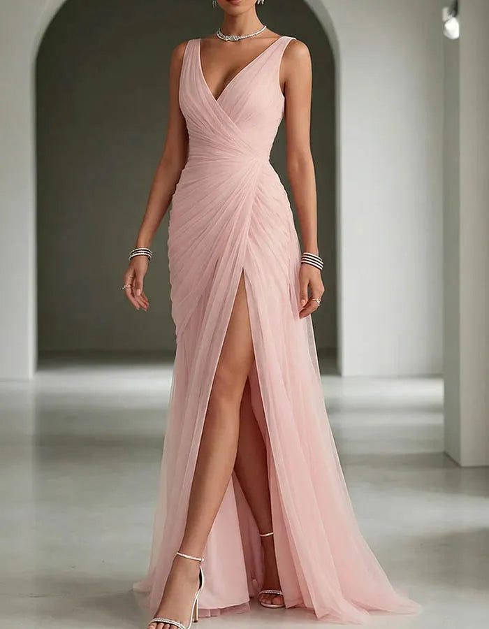 Tulle V-Neck Ruched Mermaid Maxi Dress