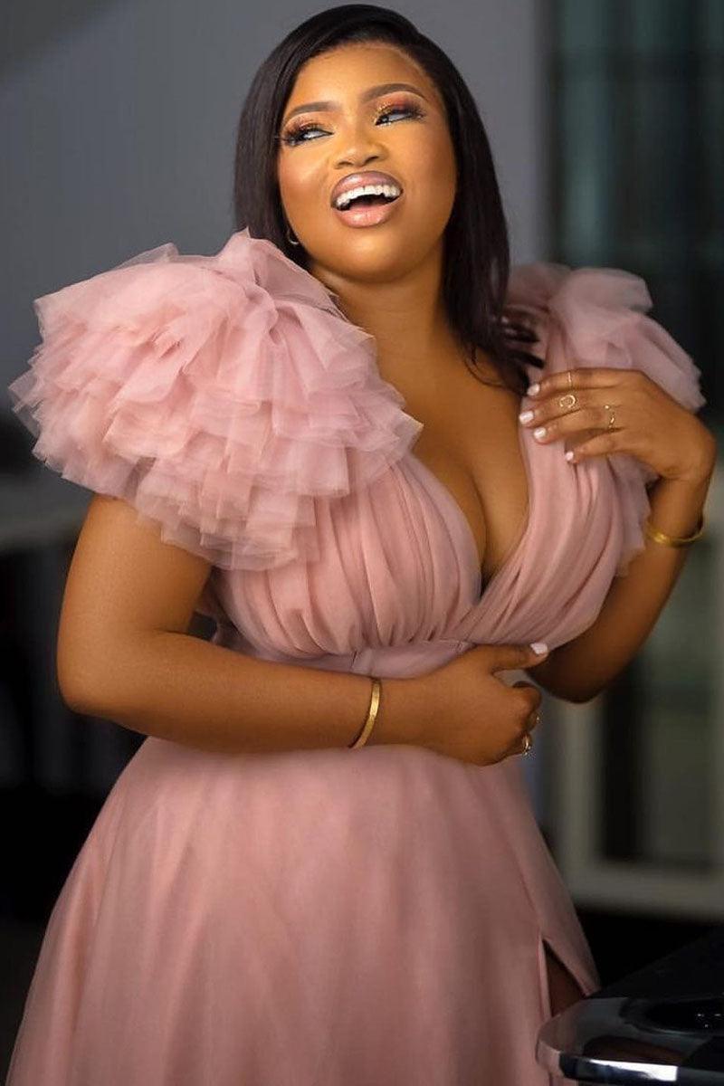 Pink Split Joint V Neck Tulle Ruffle Trailing Maxi Dress