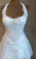 White Halter Neck Lace Wedding Dress - Beaded Floral Lace Bridal Gown