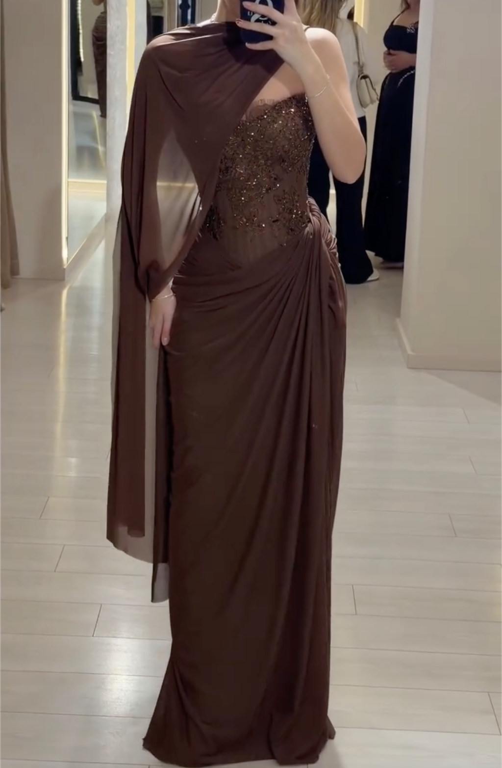 Chocolate Brown One-Shoulder Maxi Dress with Sheer Beaded Corset & High Slit