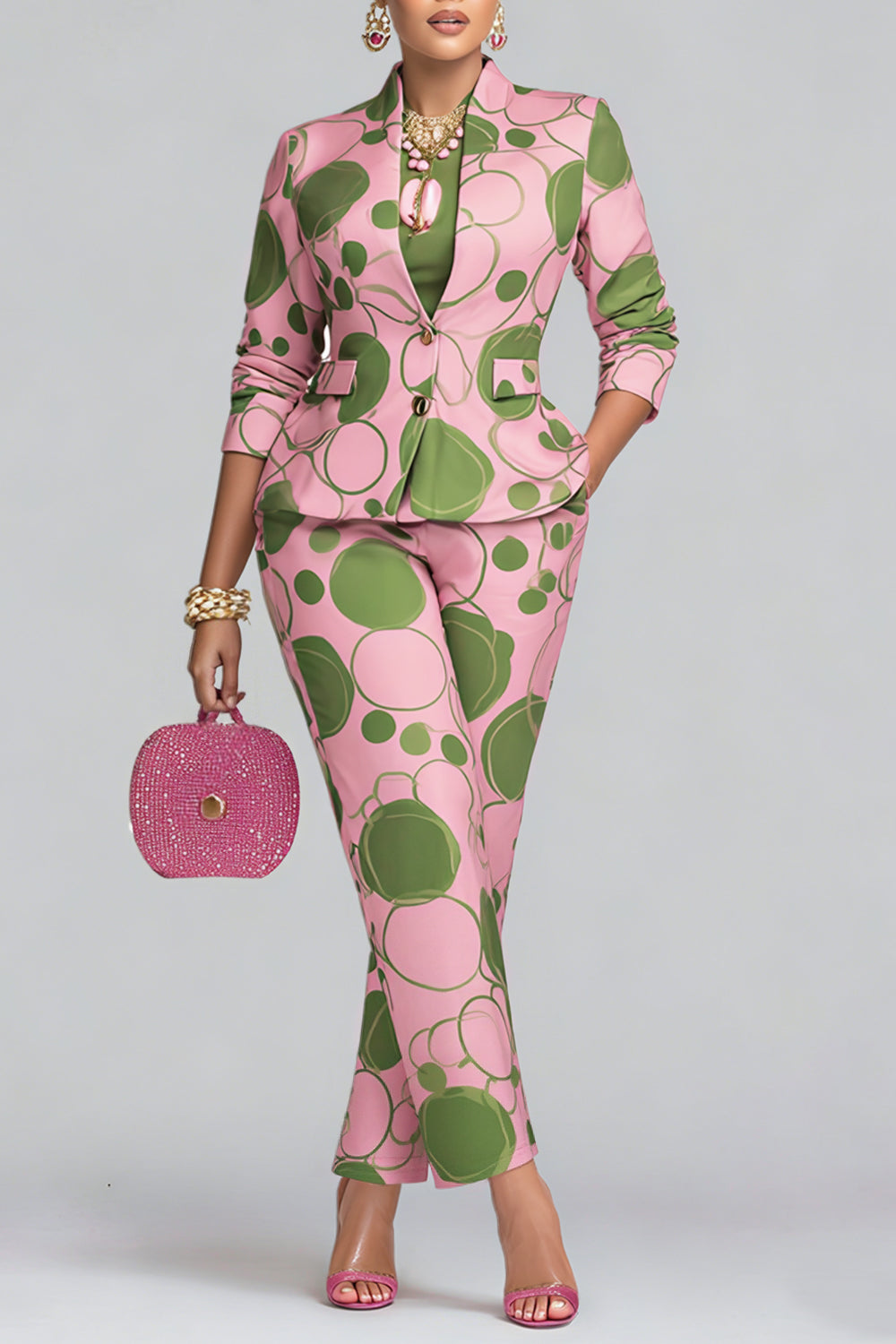 Business Casual Pink Polka Dot 3/4 Sleeve Pocket Satin Two Piece Pant Sets