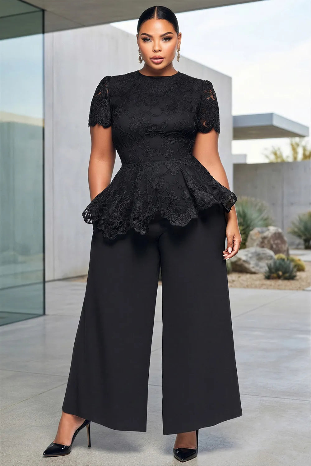 Business Casual Black Round Neck Short Sleeve Ruffle Pocket Lace Two Piece Pant Sets [Pre-Order]