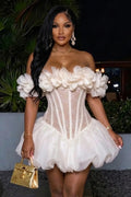 Off Shoulder 3D Floral Corset Puff Hem Party Mini Dresses-Beige [Pre Order]