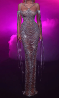 Silver Crystal Fringe Strappy Maxi Dress