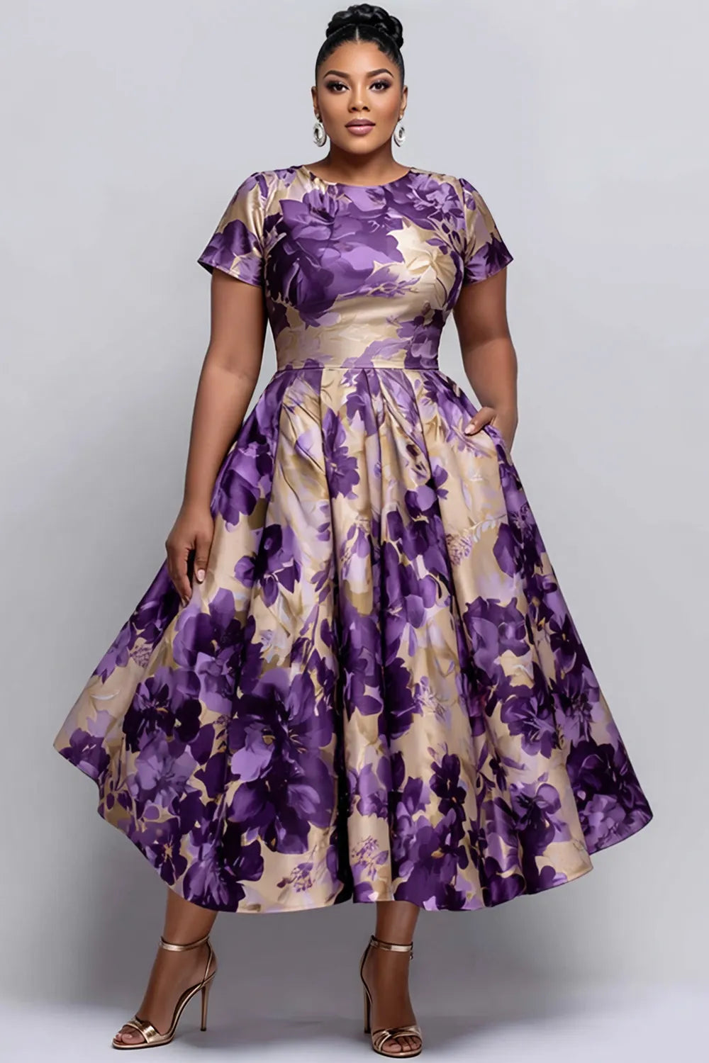 Cocktail Party Purple Floral Round Neck Short Sleeve Pocket Satin Midi Dresses