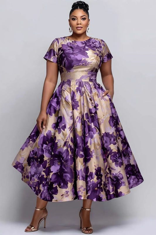 Cocktail Party Purple Floral Round Neck Short Sleeve Pocket Satin Midi Dresses