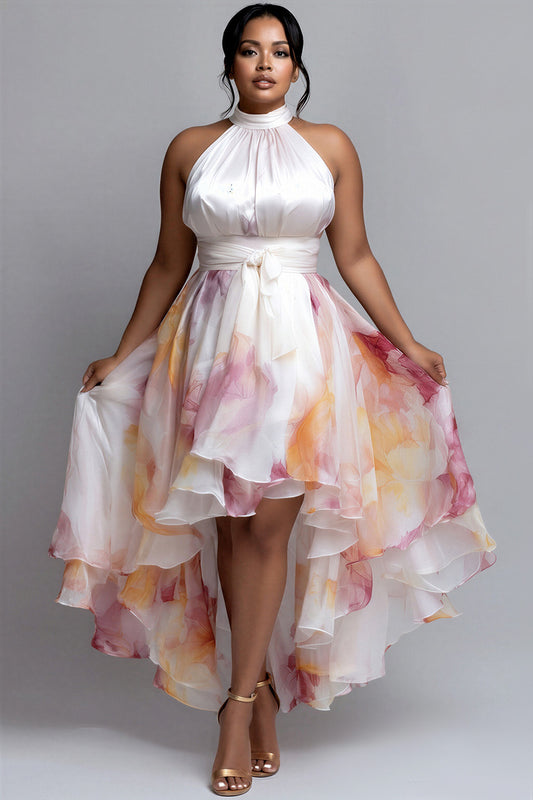 Cocktail Party Organza White Floral Halter Collar High Low Hem Satin Midi Dresses