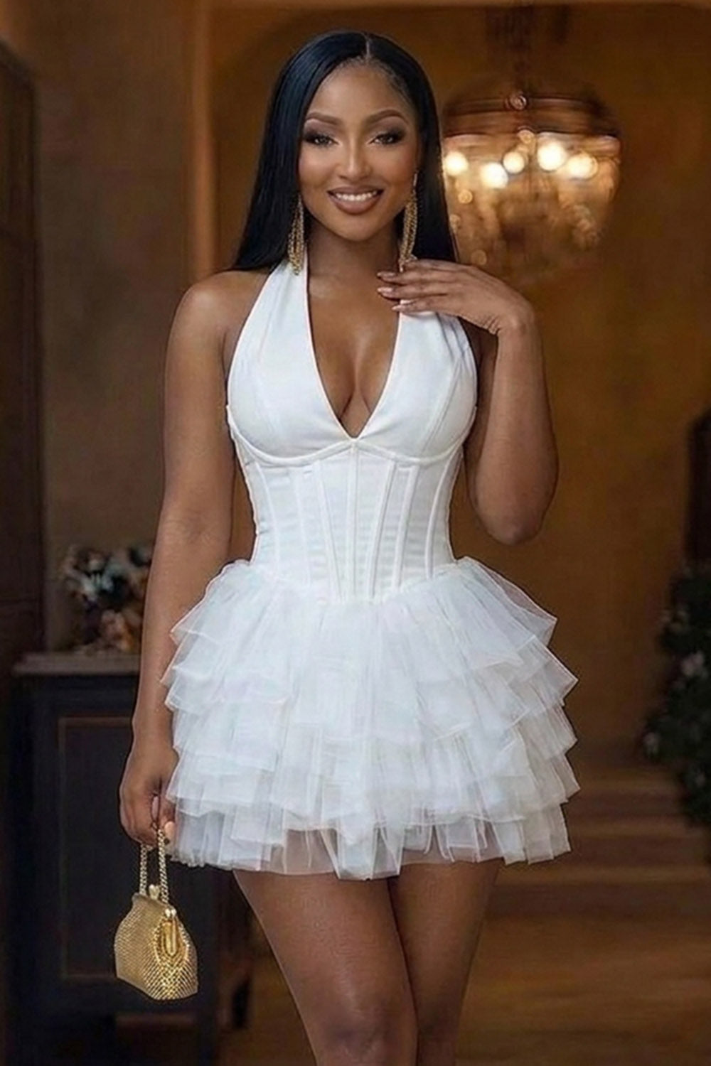 Halter V Neck Tiered Ruffle Mesh Hem Party Mini Dresses-White [Pre Order]