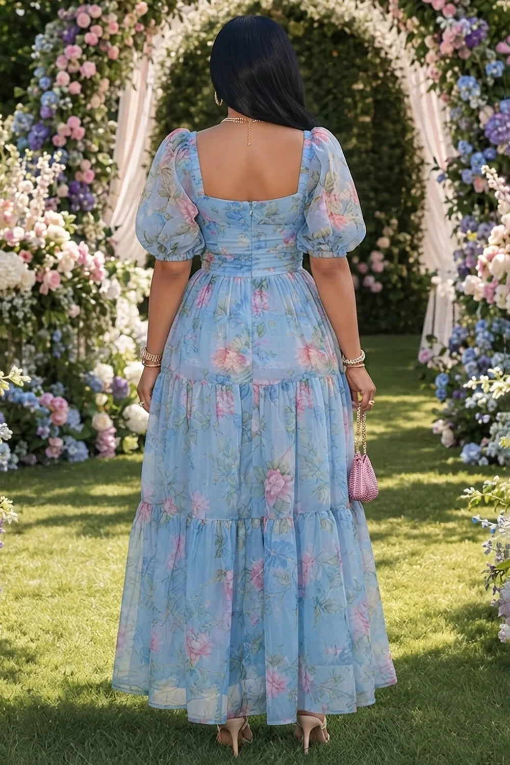 Floral Sweetheart Neck Puff Sleeve Cinch Waist Maxi Dresses-Blue [Pre Order]